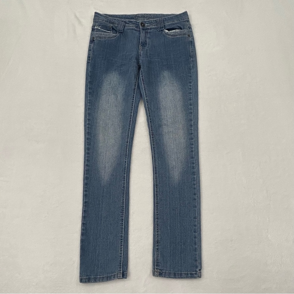 Y & F Ying Feng Jeans Womens Sz 9/10 Embroidered Stretch Skinny Distressed Denim